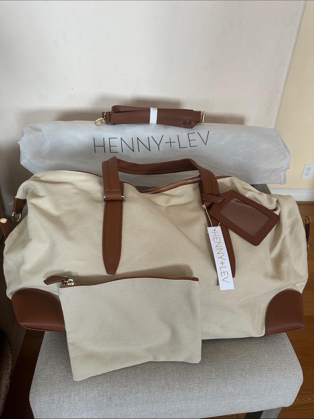 HENNY+LEV Canvas Travel Duffel Bag in Cream with Tan Trim